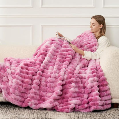 Cozy Bliss Faux Fur Throw Blanket for Couch, Cozy Warm Plush Striped Blanket for Sofa Bedroom Living Room,50 * 60 Inches Tie-dye Pink