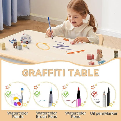 Kids Study Table and Chairs Set, Height Adjustable Toddler Table and Chair Set for Kids Ages 3-8, Graffiti Desktop (Wooden Brown)