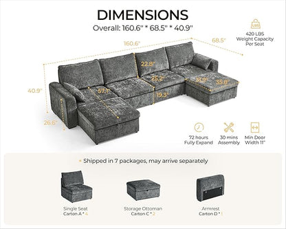 Oversized Modular Sofa Comfy Cloud Couch with Storage, Extra Deep Plush Sectional Sofa Set for Living Room, Covers Washable, Chenille, Olar (Grey, 6-Seater with 2 Ottomans, u-Shaped)