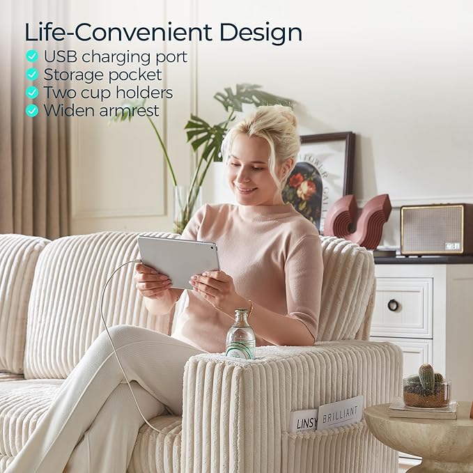 LINSY HOME Sectional Sleeper Sofa with Pull Out Couch Bed - Convertible Plush Corduroy Cloud Couch with Storage Chaise & USB Charging, Comfy U Shaped Modular Couches for Living Room, Beige