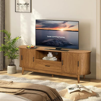 63" Fluted TV Stand for Tvs up to 70", Mid-Century Modern Entertainment Center with Drawers and Fluted Doors, Curved TV Media Console Table with Sliding Doors for Living Room, Bedroom (63")