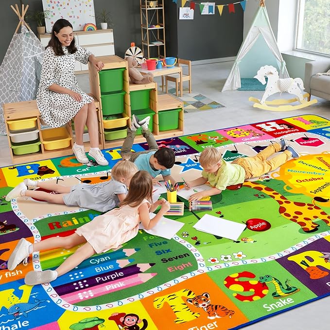 Kids Rugs for Playroom Classroom Bedroom, Educational and Fun Play Mat with ABC Alphabet Animals, Learning Rug for Children Toddler Baby Girls Boys Nursery, Washable, 4x6