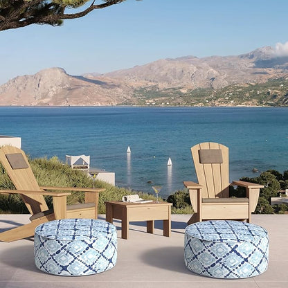 Inflatable Ottoman Stool D21 xH9 for Outdoor/Indoor Use, Water Repellent Patio Foot Rest with Portable Handle,Round Pouf Ottoman Suitable for Garden,Deck and Camping - Boho Geometry Blue
