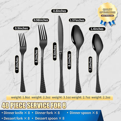 Hammered Black Silverware Set for 8,Stainless Steel 40-Piece Modern Cutlery Set,Mirror Polished Heavy Duty Flatware Set Utensil Set,Knives Spoons and Forks Set,Dishwasher Safe