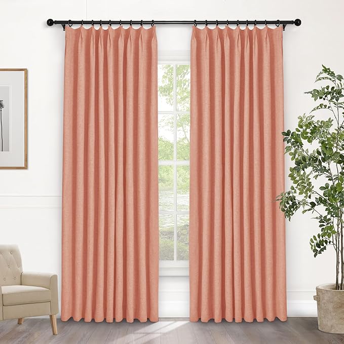 Macochico Pinch Pleated Blackout Curtains 102 Inches Long 100% Light Blocking Orange Linen Drapes for Bedroom Living Room Farmhouse Shabby Chic Burlap Curtains with Tieback 72”Wx102”L 1 Panel