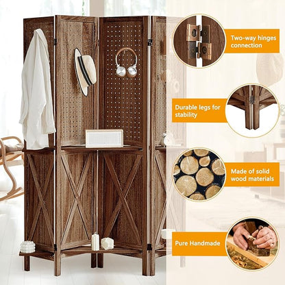 4 Panel Pegboard Display with 16 Hooks, Wooden Pegboard Room Divider Wall with Shelf, Rustic Room Dividers and Folding Privacy Screens, Bedroom, Jewelry Store, Brown