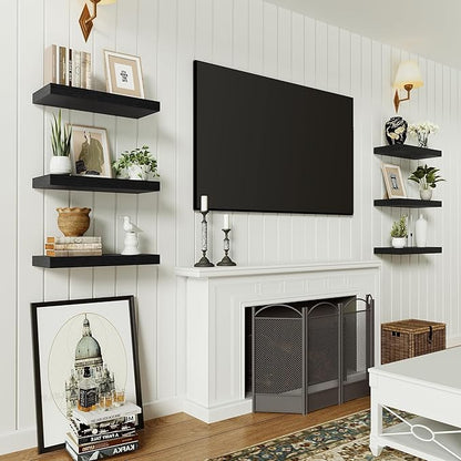 Black Floating Shelves for Wall, 16 inchs x 6.7” deep x 1.4” Wall Shelf for Bathroom Bedroom, Living Room, Kitchen, Office Home Decor, Narrow Wood Shelves with Invisible Brackets Set of 2