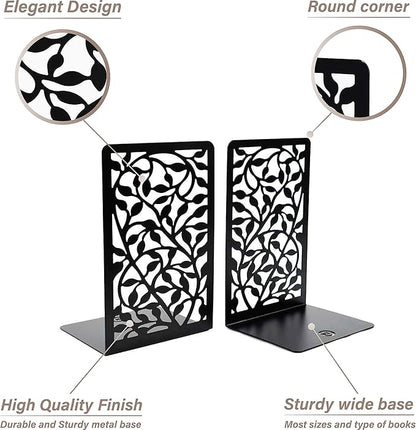 CNK Book Ends for Shelves - Metal Holders for Home Office Heavy Books, Shelf Stoppers, Decorative Set of 2 Black Infinite Leaves Bookends