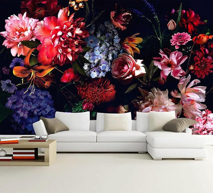 WFBHUA-Dark Floral Wallpaper Watercolor Pink and Blue Flower Wall Mural for Bedroom (Not Peel and Stick)