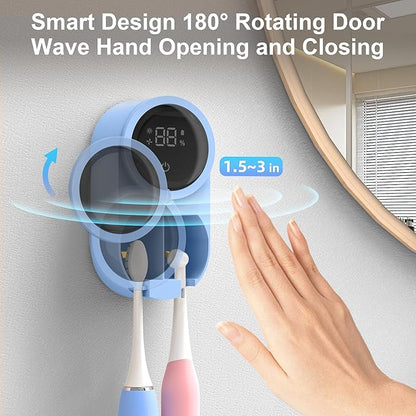 Toothbrush Holder and Cleaner for Bathroom Light Cleaning Fan Drying Round in Circle Automatic Rotating Cover Wall Mounted Smart Home Gadgets (02 Blue)