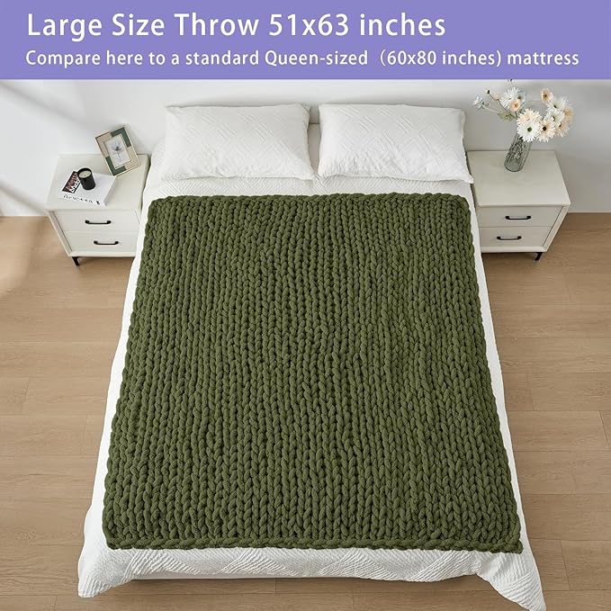 Bigacogo Chunky Knit Throw Blanket for Couch, 51x63 inches, 100% Hand Knitted with Thick Jumbo Chenille Yarn, Cozy Soft Large Rope Knot Cable Crochet Blankets for Sofa Bed Living Room, Yellow Green