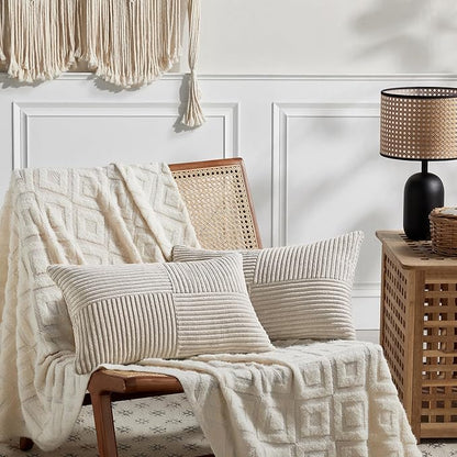 Fancy Homi 2 Packs Neutral Taupe Lumbar Decorative Throw Pillow Covers 14x24 Inch for Living Room Couch Bed Sofa, Farmhouse Home Decor, Soft Striped Corduroy Rectangle Accent Cushion Case 35x60 cm