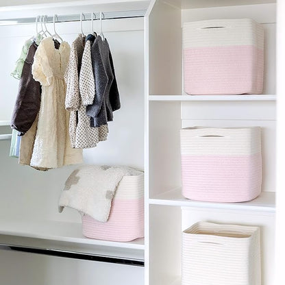 NaturalCozy Storage Cubes 11 Inch Cotton Rope Woven Baskets for Organizing, 3-Pack | Cube Storage Bin | Square Storage Baskets for Shelves Organizer, Classroom, Kids Toy Bins, Closet, Baby Nursery