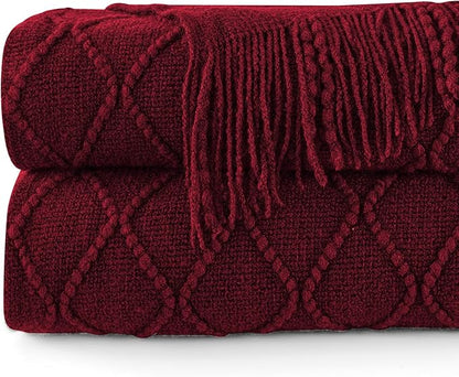 inhand Knitted Throw Blankets for Couch and Bed, Soft Cozy Knit Blanket with Tassel, Claret Lightweight Decorative Blankets and Throws, Farmhouse Warm Woven Blanket for Men and Women, 60"x80"