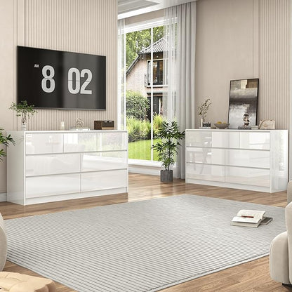 White Malm Dresser for Bedroom, 55 Inch Full High Gloss Dresser with 7 Drawers, Modern Large Wood Chest of Drawer Handle Free, Living Room, Entryway, Hallway, White