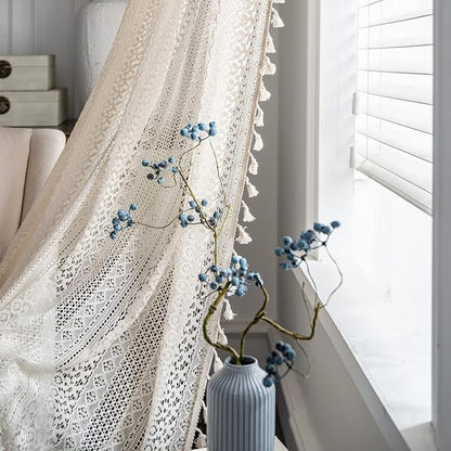 Sutuo Home Boho Curtains Crochet Lace Semi-Sheer Bohemian Hollow Knitted Handmade Tassels, Rod Pocket Window Treatment Vintage Rustic Farmhouse Drapes for Living Bedroom, 1 Panel 59" W x 72" L, Beige
