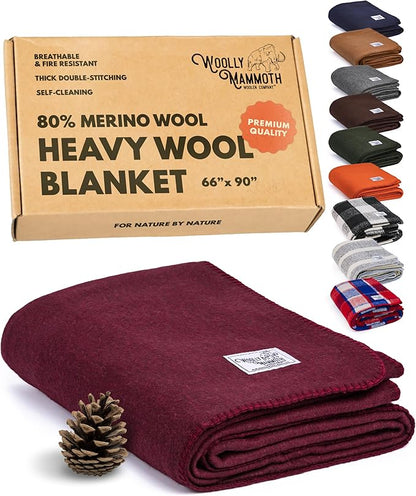 Woolly Mammoth Woolen Company Outdoor Merino Wool Throw Blanket - 66" x 90" Large Burgundy - Camping Essentials Bedroll & Emergency Survival Gear - Heavyweight Thermal & Breathable