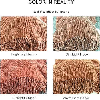 lifein Throw Blanket for Couch, Soft Boho Decor Bed Throw,Cozy Burnt Orange Chenille Knitted Small Farmhouse Lightweight Throw for Spring(Rust,60 * 80")