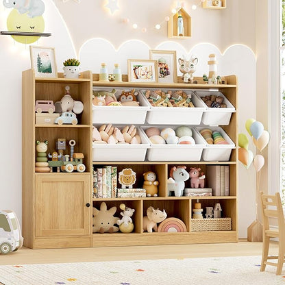 Toy Storage Organizer, 55” Wide Toy Organizers and Storage with 8 Storage Cubbies & 6 Toy Bins, Large Toy Box with Bookshelf, Playroom Storage for Playroom, Oak