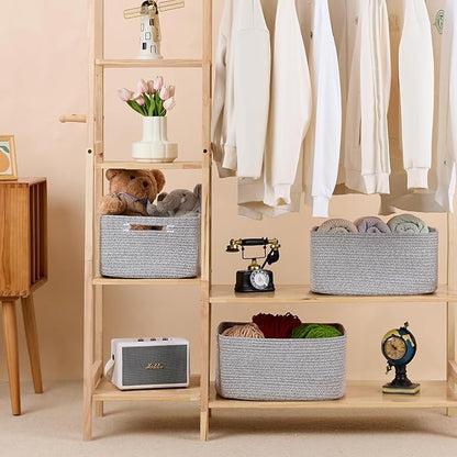 Large Storage Baskets for Shelves, Closet Organizers Bins for Clothes Blanket Towels, Baby Nursery, Toy Baskets Box, Woven Rope Baskets, 17 x 13 x 7.5”, 2 Packs Mixed Grey