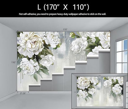 Vintage Floral Wallpaper Bedroom Hand-Painted White Peonies Flowers Wall Mural Children's Room (Not Peel and Stick)