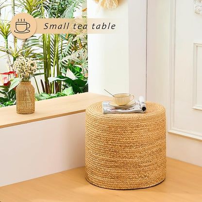 Handwoven Ottoman Pouf, Natural Water Hyacinth Footstool, Round Braided Outdoor Seat with Sturdy Frame, Boho Accent Stool for Patio, Balcony, or Garden (Natural)