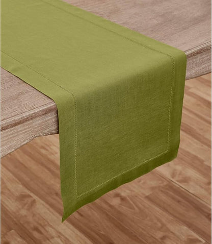 Solino Home Linen Hemstitch Table Runner 108 Inches Long - 100% Pure Linen Avocado Green Table Runner 14 x 108 Inch for Fall, Autumn, Thanksgiving - Classic Hemstitch