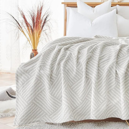 jinchan Boho 100% Cotton Blanket Muslin 50x60 Inches Lightweight 3-Layer Geometric Square Striped Pattern Reversible Quilt Throw Soft Breathable Comfy All Seasons for Couch Bed Decor, Light Grey