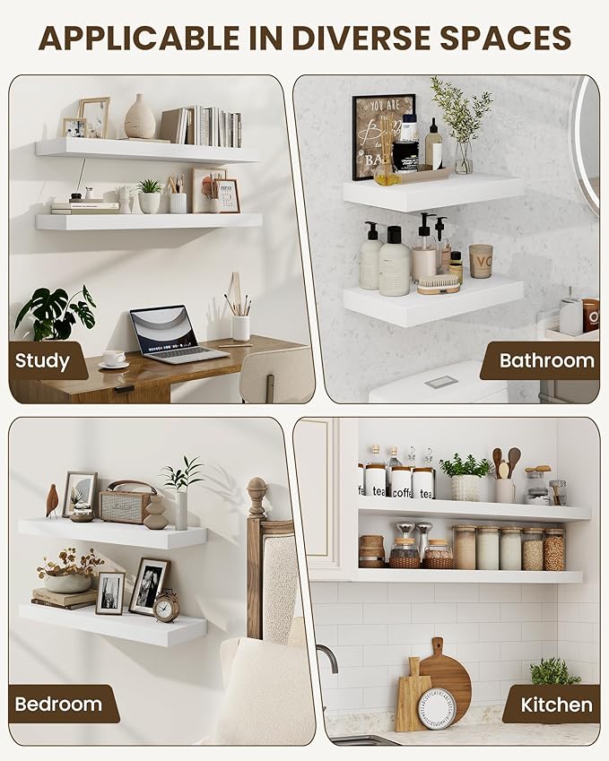 Marsmiles 39" Floating Shelves for Wall, Wooden Shelves with Invisible Brackets Set of 2, Rustic Farmhouse Wall Mounted Shelf for Kitchen Bathroom Living Room Study, White