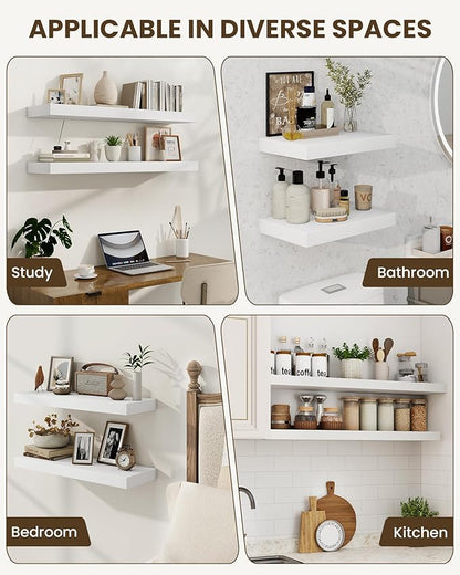 Marsmiles 39" Floating Shelves for Wall, Wooden Shelves with Invisible Brackets Set of 2, Rustic Farmhouse Wall Mounted Shelf for Kitchen Bathroom Living Room Study, White