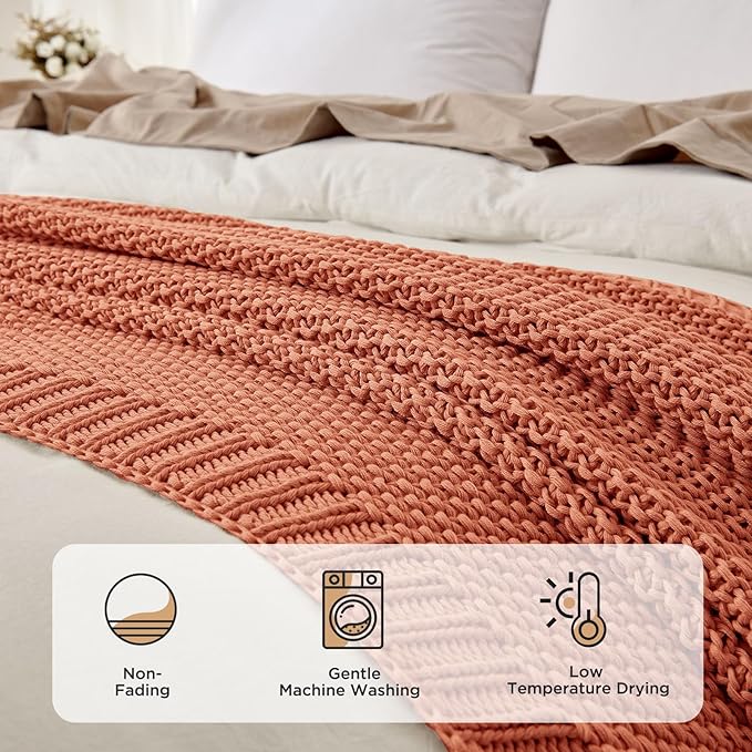 Joydeco Chunky Cable Knit Throw Blanket, Lightweight 100% Cotton Soft Cozy Throw Twin Blanket for Couch Bed and Sofa, Rustic Breathable Farmhouse Blanket Gift for Women Men(Burnt Orange, 60"x80")