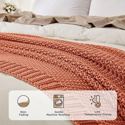 Joydeco Chunky Cable Knit Throw Blanket, Lightweight 100% Cotton Soft Cozy Throw Twin Blanket for Couch Bed and Sofa, Rustic Breathable Farmhouse Blanket Gift for Women Men(Burnt Orange, 60"x80")