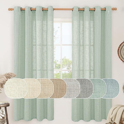 LAMIT 72 Inch Linen Sheer Curtains for Bedroom, Linen Textured Light Filtering Drapes Bronze Grommet Boho Neutral Panels for Farmhouse/Living Room, 2 Panels, 52 x 72 Inch, Light Sage