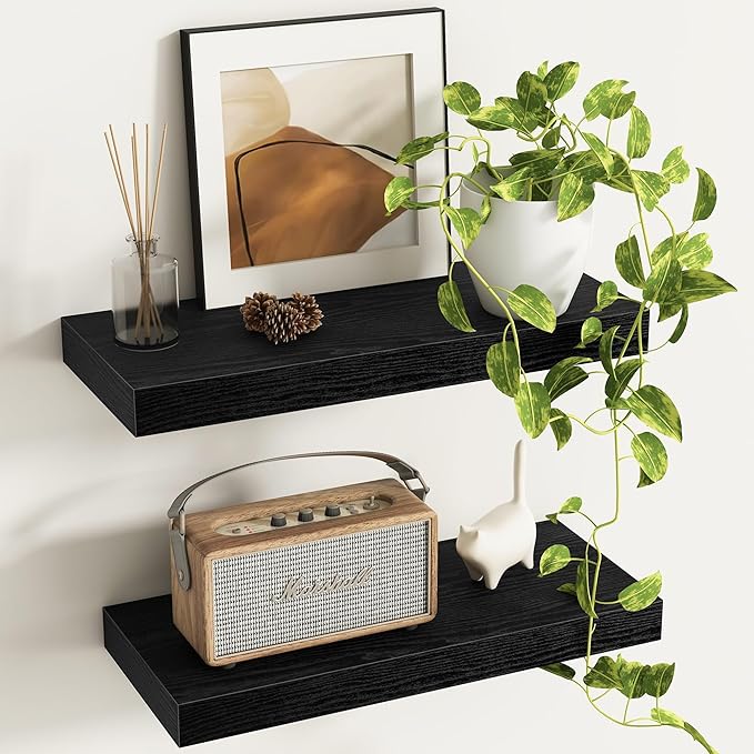 Fun Memories Deep Floating Shelves - 16" W x 9" D x 1.6" H Rustic Black Wall Shelf - Wall Mounted Shelves for Storage - Wooden Shelves with Invisible Brackets for Living Room, Farmhouse - Set of 2