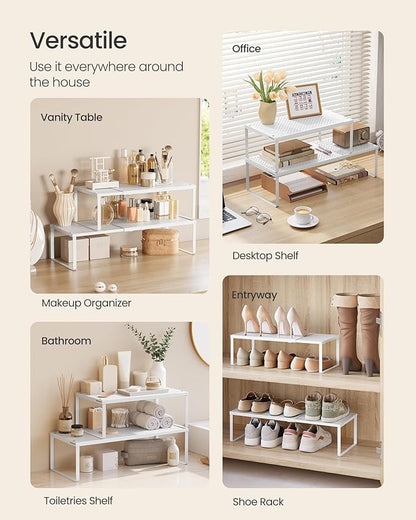 SONGMICS Spice Racks, Set of 2 Expandable Kitchen Countertop Shelves, Small Cupboard Organizers, Metal, Space-Saving Tabletop Shelves, Matte White UKCS402W01