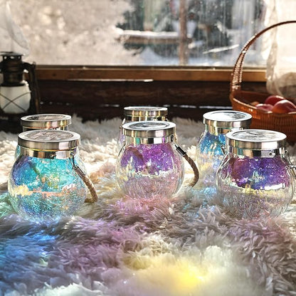 Cooo 6 Pack Solar Lantern Outdoor Waterproof Iridescent Crackle Glass with 215% Larger Solar Panel, Stainless Steel Lid – Rainbow Glass Hanging Light with Cool White LED for Garden Patio Table