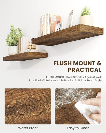Marsmiles 16" Floating Shelves for Wall, Wooden Shelves with Invisible Brackets Set of 2, Rustic Farmhouse Wall Mounted Shelf for Kitchen Bathroom Living Room Study, Rustic Brown