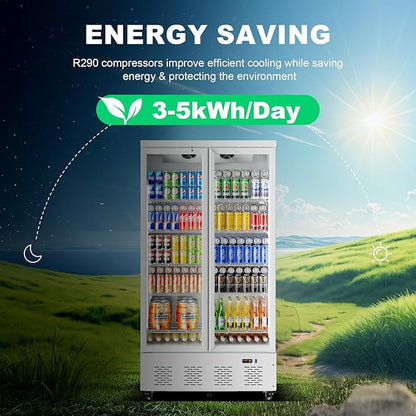 30.5 Cu.ft. Commercial Refrigerators 2 Glass Door Commercial Beverage Refrigerators Upright Display Cooler with Soft LED Light and 10 Adjustable Shelves for Restaurant Grocery Stores Home