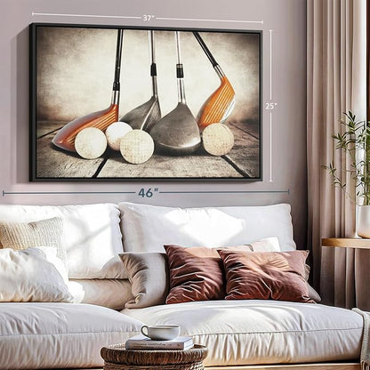 Elephant Stock Golf Sets Wall Art - Horizontal Framed Canvas - 1-Piece Mancave Wall Decor - Photography Sports Canvas Print - Yellow and Brown Decor for Wall - 37" X 25"