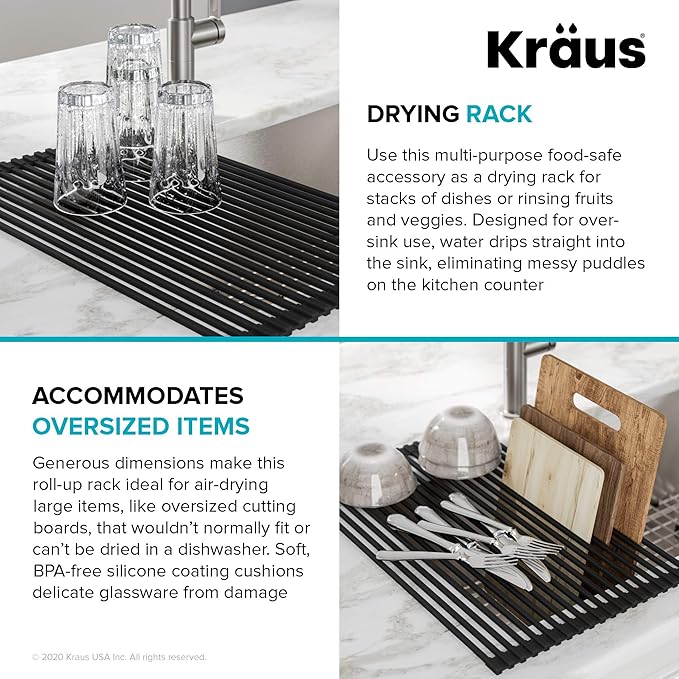 KRAUS Multipurpose Over-Sink Roll-Up Dish Drying Rack, Colander and Trivet in Aqua, KRM-10AQ