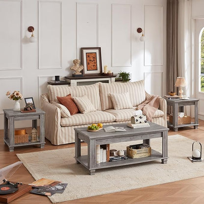 Farmhouse Coffee Tables for Living Room,Square Tea Table with Open Storage Shelf,Large Coffee Table,Rustic Wooden Center Table,Gray