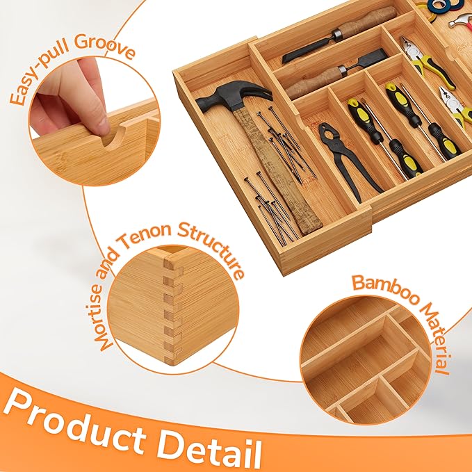 BAMEOS 3" Deepth Expandable Drawer Organizer, Deep Flatware Organizer, Adjustable Silverware Organizer, Bamboo Drawer Organizer for Kitchen, Bathroom (Natural)