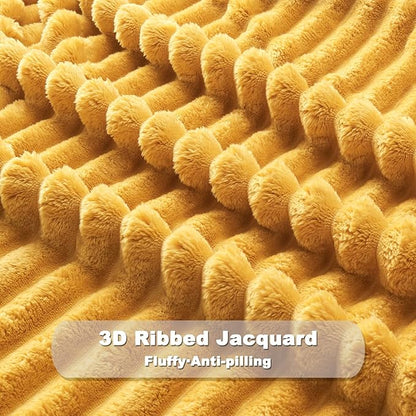 NEWCOSPLAY Super Soft Throw Blanket Mustard Yellow Premium Silky Flannel Fleece 3D Ribbed Jacquard Lightweight Bed Blanket All Season Use (Mustard Yellow Ribbed, Throw(50"x60"))