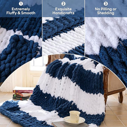 Chunky Knit Blanket - Luxury Soft Cozy 50 * 60 Throw Blanket,100% Woven Blanket Rope Knot Throw Blanket for Couch, Sofa, Home Decor, Gift - Machine Washable（White/Deep Blue）