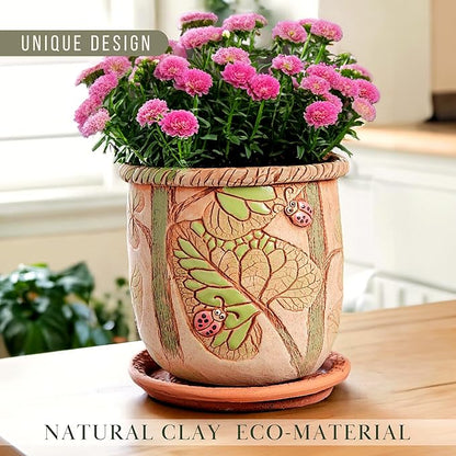 Ceramic Pot with Drainage Hole and Saucer, Plant Pots, Modern Decorative Planters for House Plants Indoor Flowers Plants, Cute Flower Pot - Gifts (Ladybugs (1.6 L))