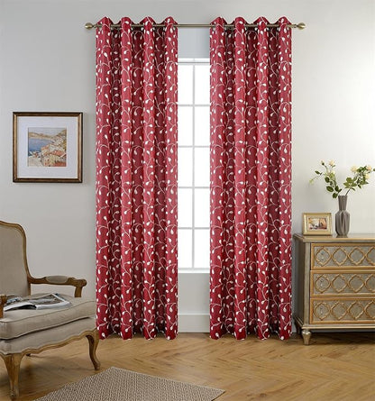 MIUCO Floral Embroidered Semi Sheer Curtains Faux Linen Grommet Window Curtains for Bedrooom 52 x 84 Inch 2 Panels, Burgundy
