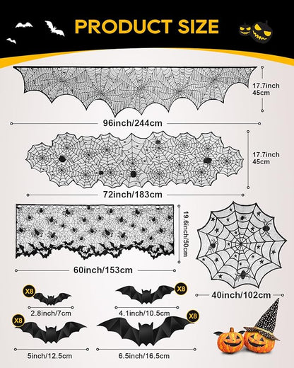 eZAKKA 5 Pack Halloween Decorations Indoor Halloween Spider Web Tablecloth Table Runners Fireplace Mantel Scarf Cobweb Lampshade Scary 3D Bats for Parties Gothic Spooky Home Decoration