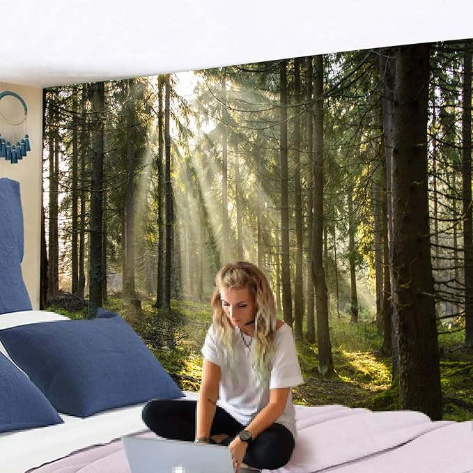 Onivein Forest Tapestry Nature Sunlight Streaming Through Green Trees Wall Hanging for Bedroom Living Room Office Decor 80 x 60 Inches