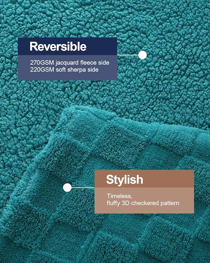 Pawque Super Soft Cozy Throw Blanket Twin Size for Couch Bed, Fluffy Sherpa Fleece Reversible Thick Warm Fuzzy Blanket for All-Season, 3D Checkered Jacquard Decorative Blankets, Teal Green, 60" x 80"