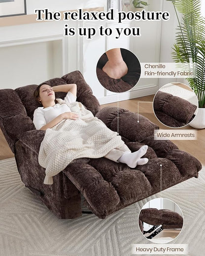 Oversized Recliner Chair Manual Swivel Rocker Recliner for Living Room Chenille Overstuffed Nursery Reclining Sofa Chair Rocking Recliners for Adults 400lbs (Manual, Brown)